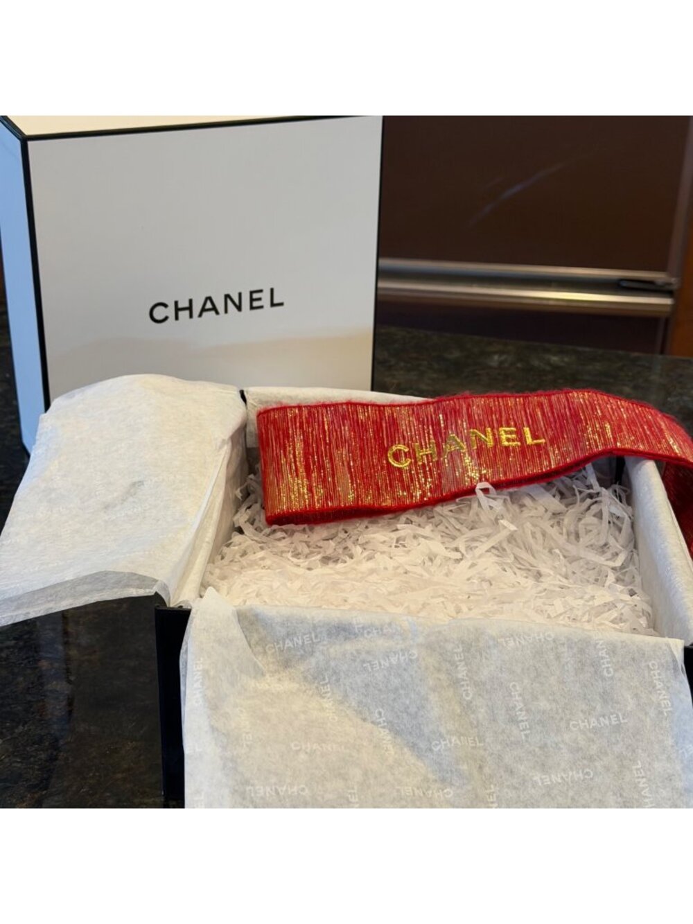 Chanel Luxury Gift Box With Tissue Paper & Embossed Red Ribbon Limited Edition